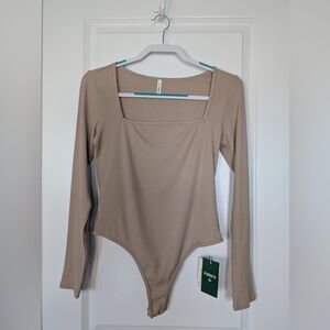 Halara Womens Ribbed Knit Square Neck Long Sleeve Bodysuit Tapioca NWT Size M
